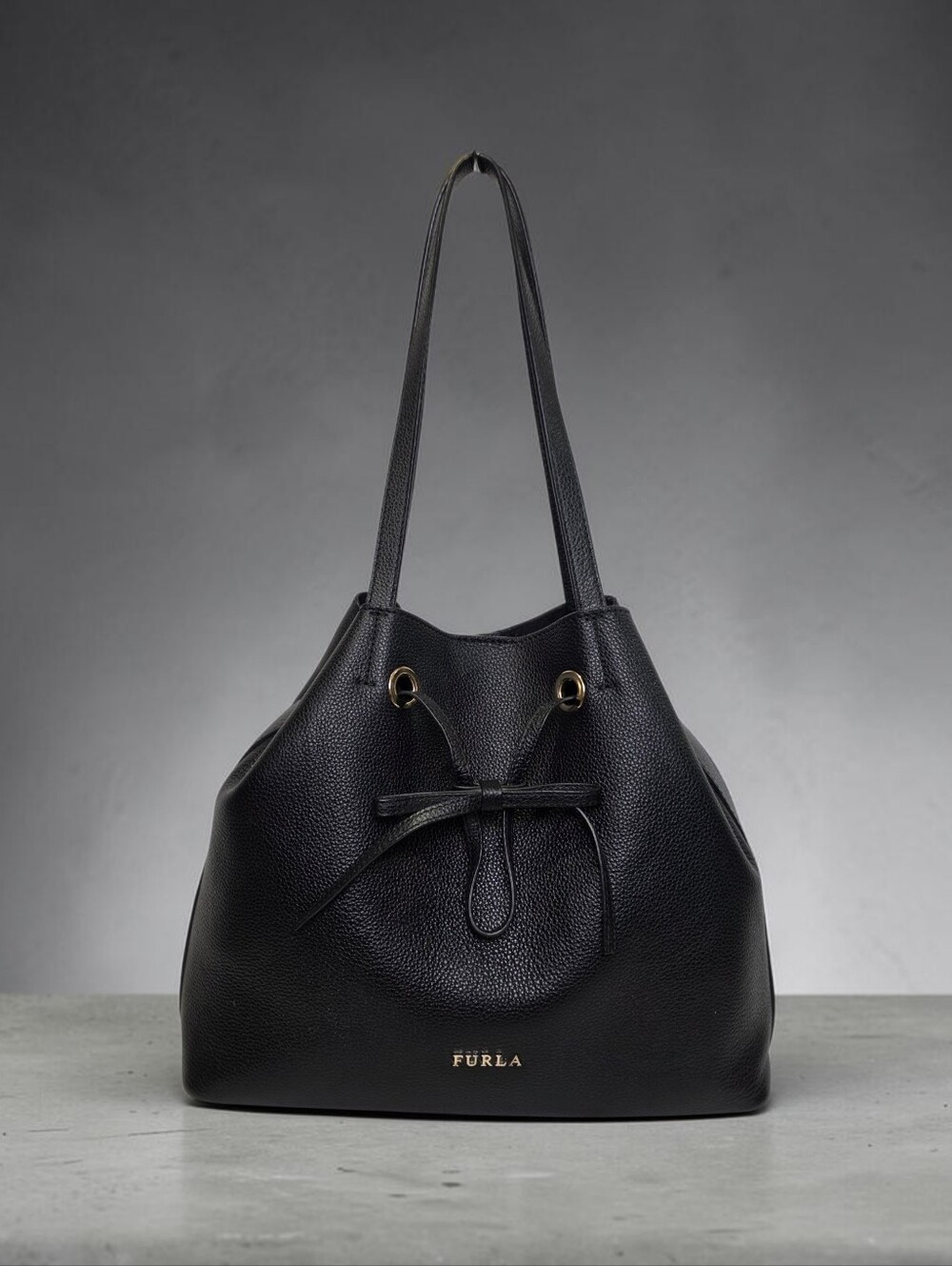 Furla Costanza Medium Black Pebbled Leather Drawstring Tote Bag